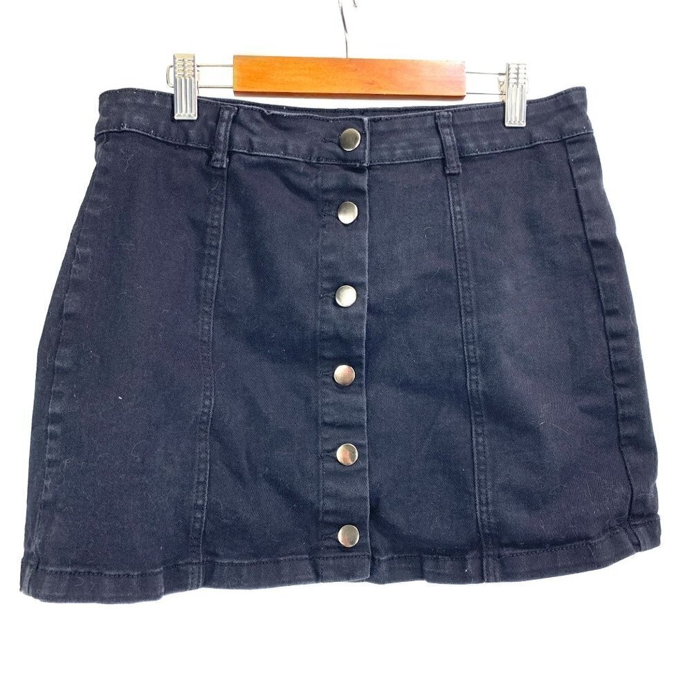 Forever 21 Denim Button Front Mini Skirt Black Cotton Spandex Size 31 Large